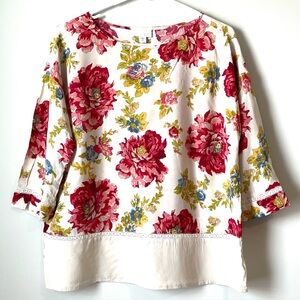 J Jill Women Size M Petite Floral Print Tunic Top Pink Lightweight 3/4 Sleeve